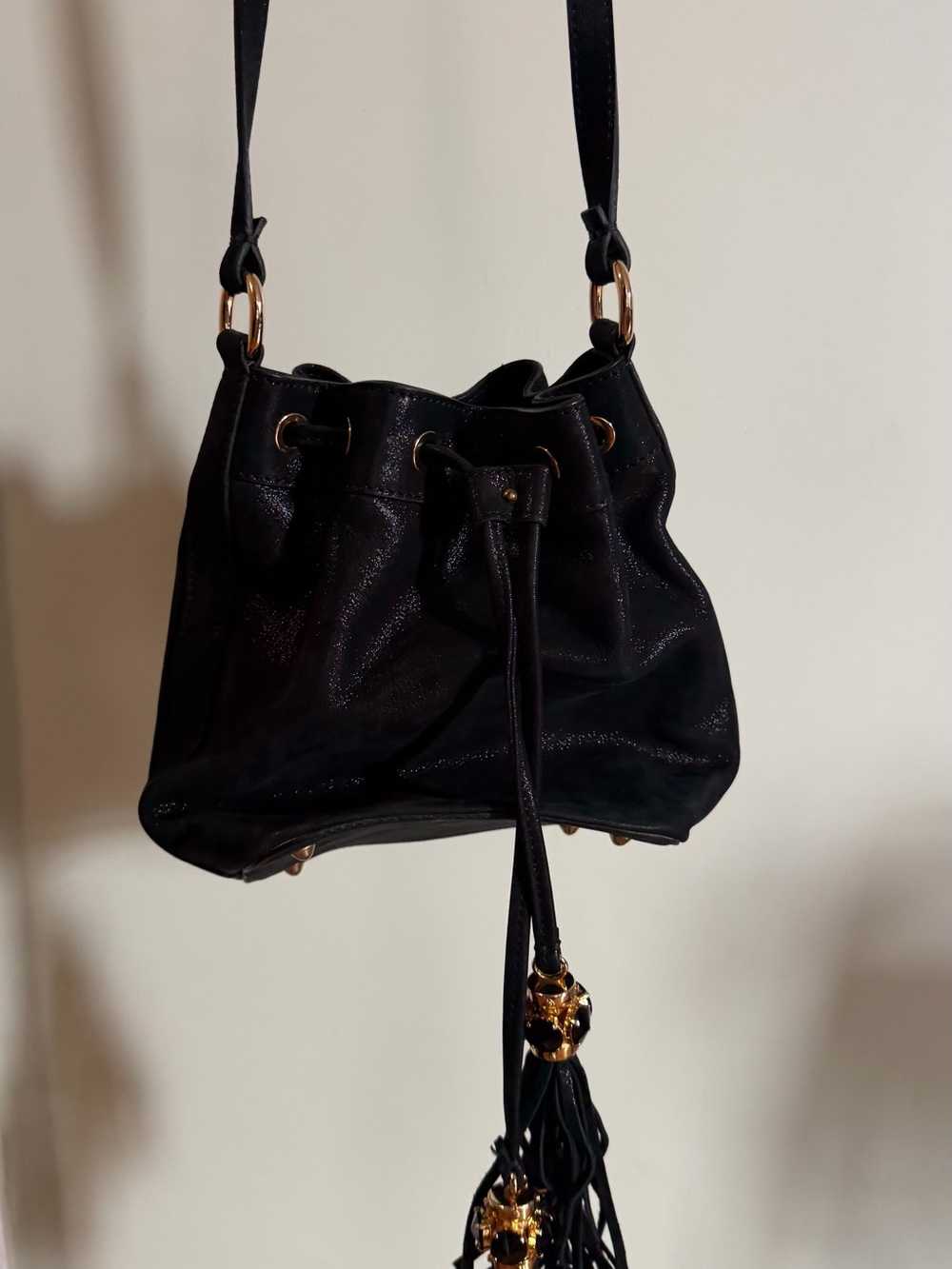 Classic Black Drawstring Shoulder Bucket Bag with Gold Hardware